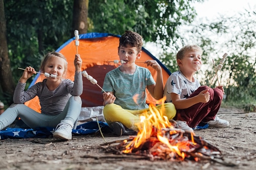 Group of young friends camping and burning a wood fire, toasting marshmallows over a fire.